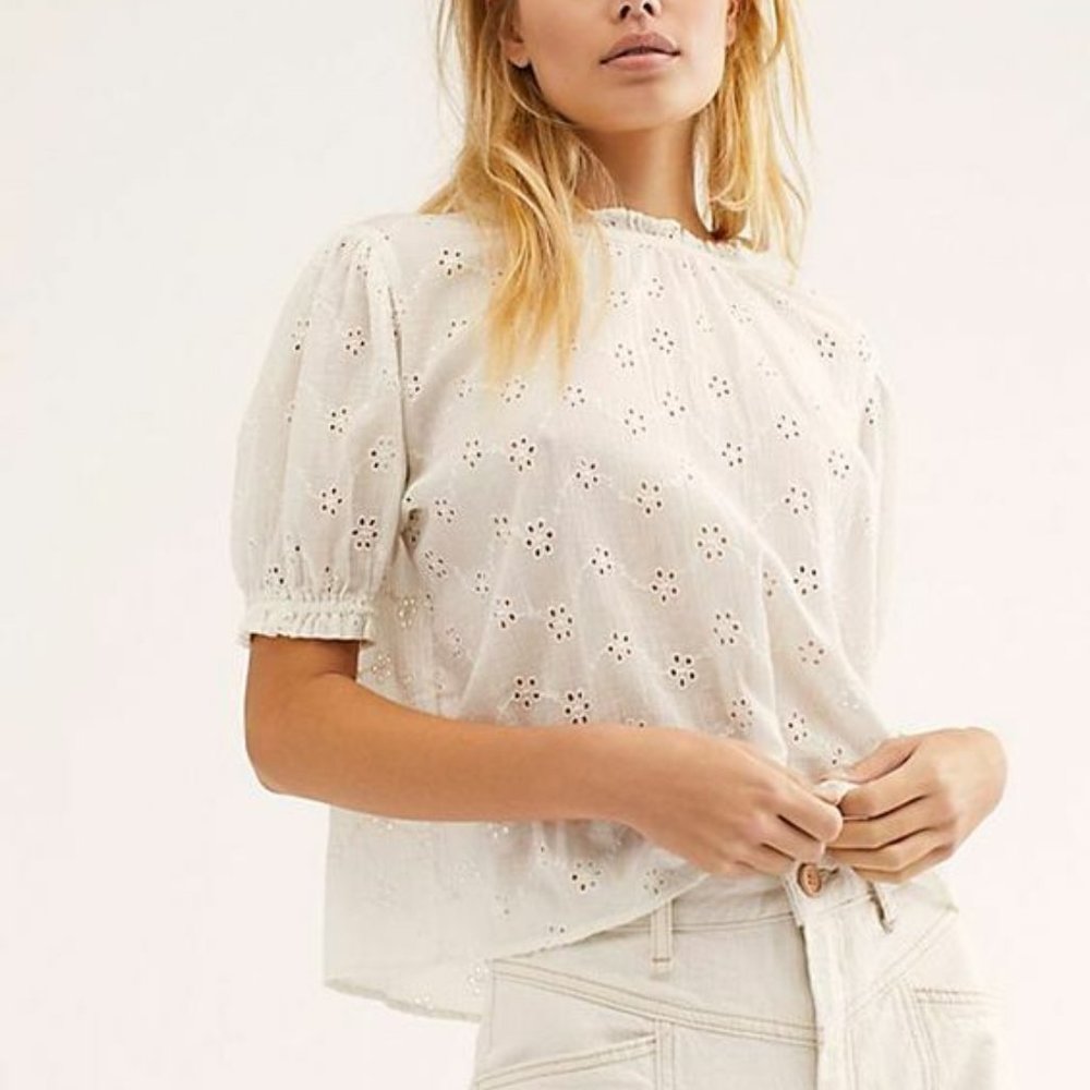 FREE PEOPLE Blouse L LETTERS TO JULIET Cotton Eyelet Open TIE BACK Sheer NWT